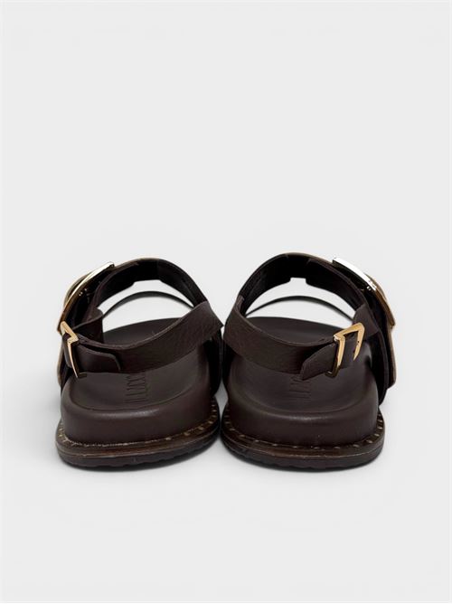 Sandalo flat in pelle testa di moro e suede taupe con maxi fibbia IL LACCIO | D27157-803PELLE/SUEDEKAKAO/SAND